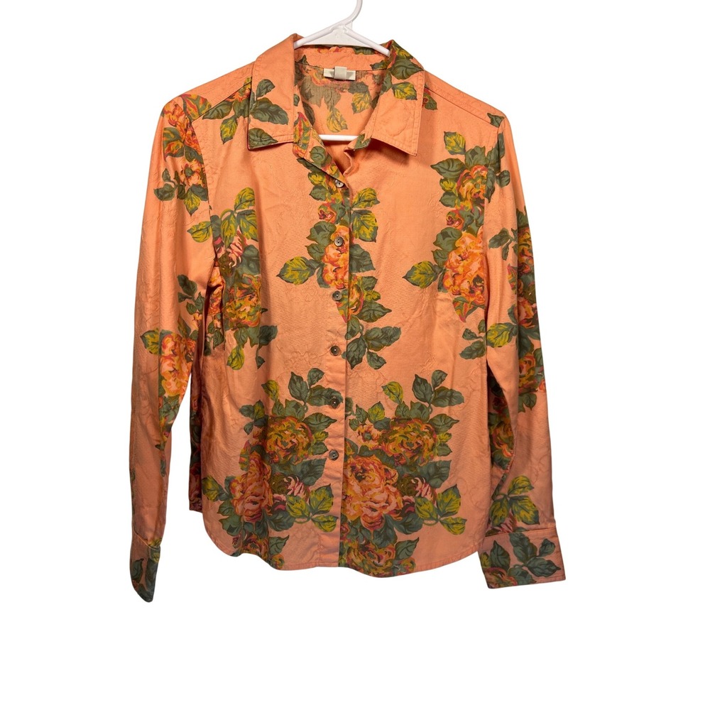 J. Jill Floral Button-Up Top Women's S Peach‎ Rose Print Long Sleeve Cotton